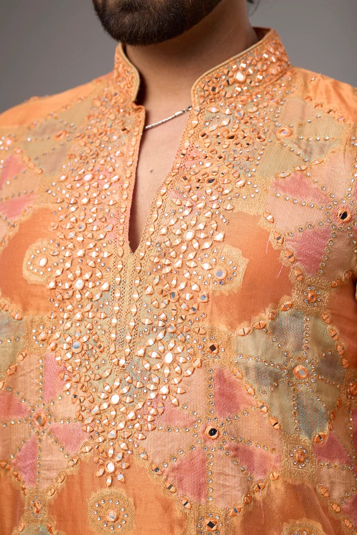 Premium Peach Artisanal Kurta Set for Men – Full Length View | Mahavir NX