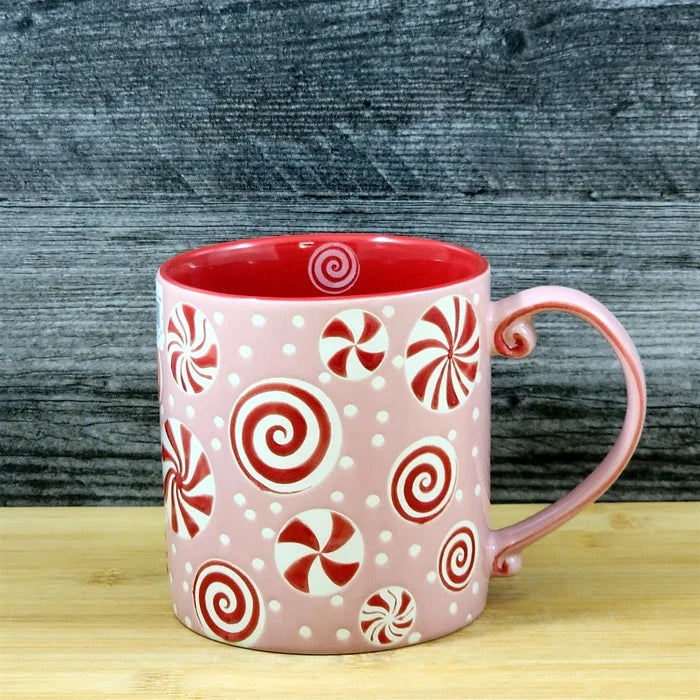 Pink Peppermint Candy Christmas Holiday Coffee Mug Ceramic Cup Red 21oz Blue Sky