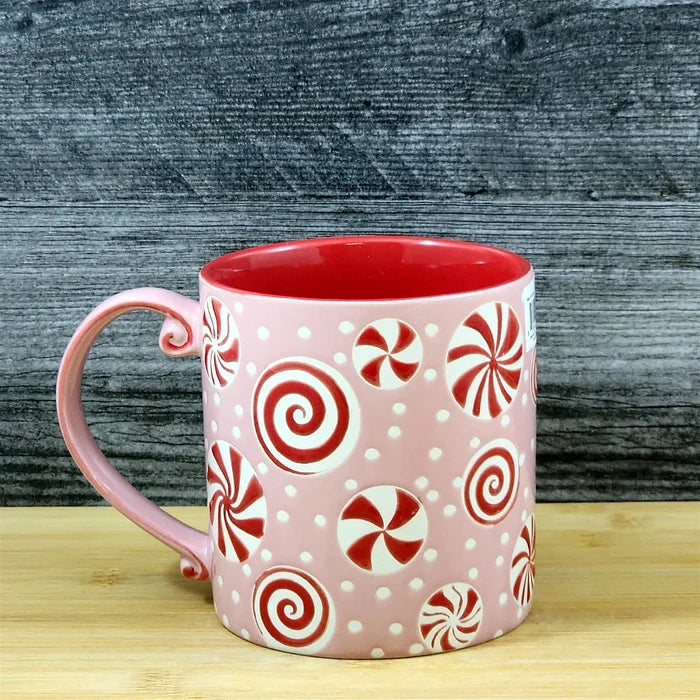 Pink Peppermint Candy Christmas Holiday Coffee Mug Ceramic Cup Red 21oz Blue Sky