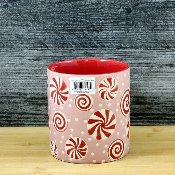 Pink Peppermint Candy Christmas Holiday Coffee Mug Ceramic Cup Red 21oz Blue Sky
