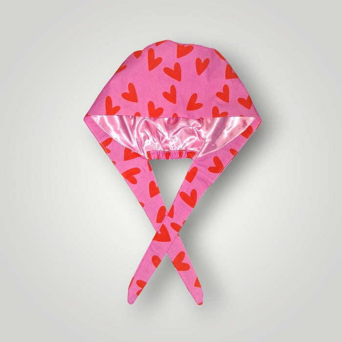 Pink & Red Heart Crush Satin-Lined Tie Back Scrub Cap - Nursecaresuites - Online Healthcare BoutiqueScrub CapCute Scrub Capcute scrub capsgirly scrub cap