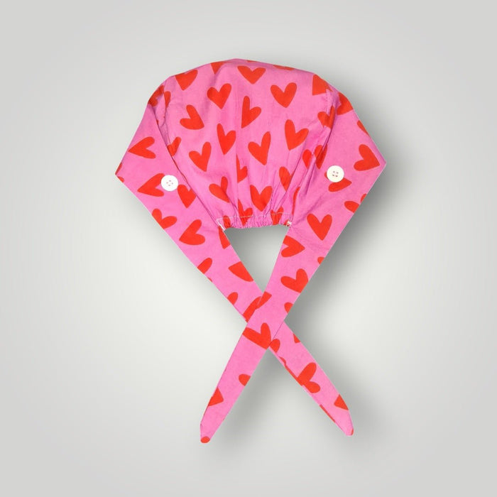 Pink & Red Heart Crush Satin-Lined Tie Back Scrub Cap - Nursecaresuites - Online Healthcare BoutiqueScrub CapCute Scrub Capcute scrub capsgirly scrub cap