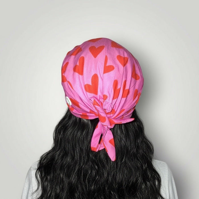 Pink & Red Heart Crush Satin-Lined Tie Back Scrub Cap - Nursecaresuites - Online Healthcare BoutiqueScrub CapCute Scrub Capcute scrub capsgirly scrub cap