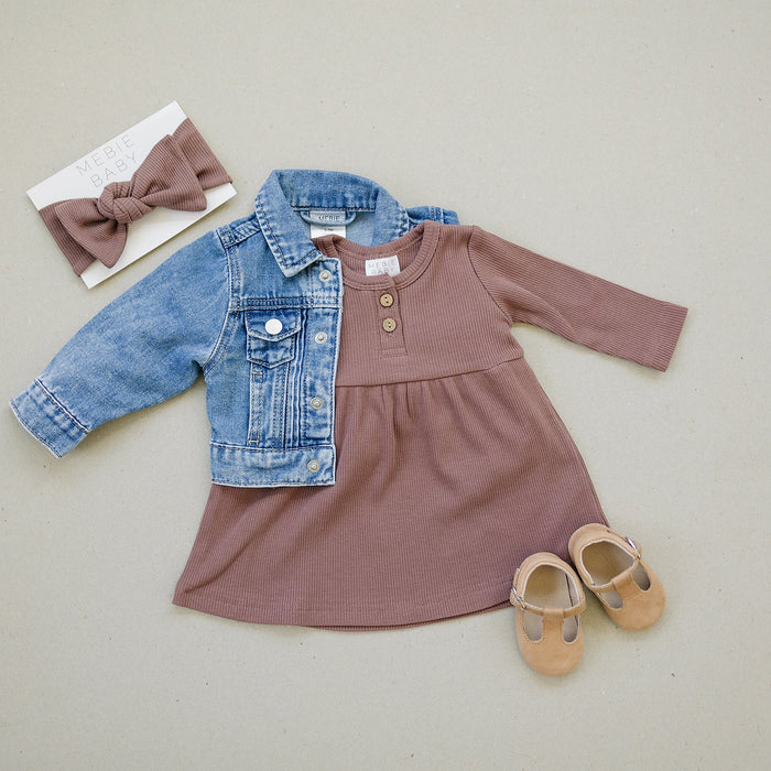 Plum Long Sleeve Button Ribbed Organic Cotton Dress