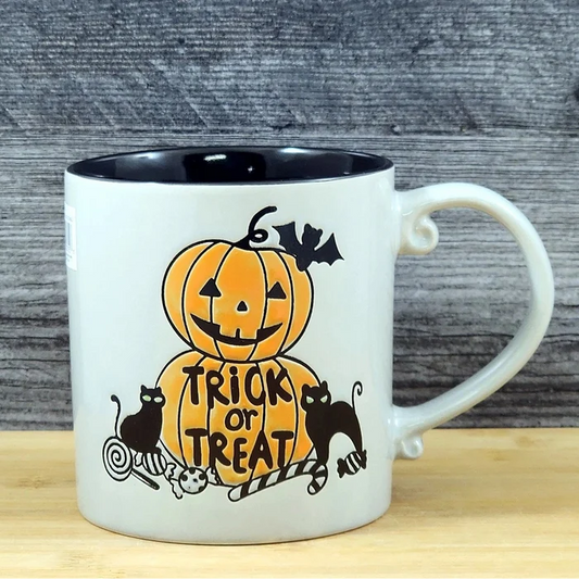 Pumpkins Halloween Coffee Mug Black Cats Ceramic Embossed Tea Cup Blue Sky 21oz