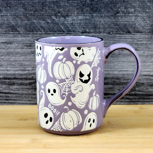 Purple Halloween Ghost Pumpkin Mug Spooky Ceramic Coffee Tea Cup by Blue Sky