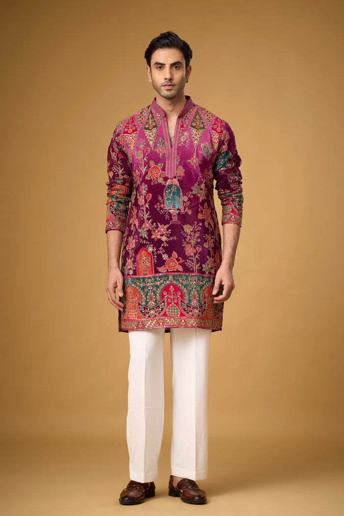 Regal Magenta Heritage Embroidered Kurta Set for Men | Mahavir NX