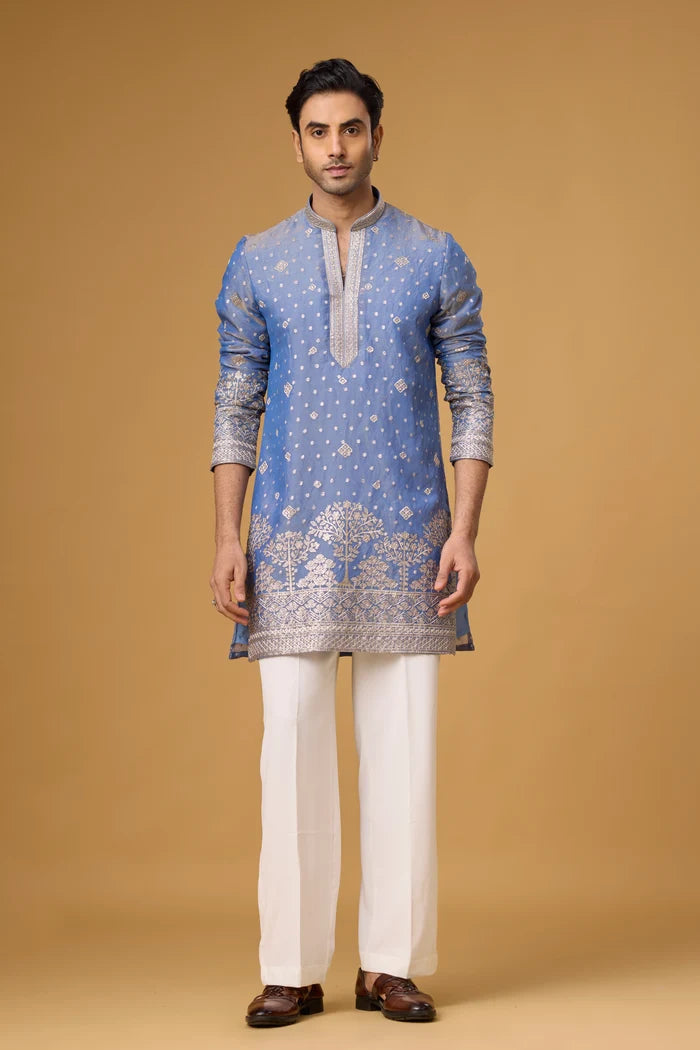 Regal Powder Blue Tree Motif Embroidered Kurta Set for Men | Mahavir NX
