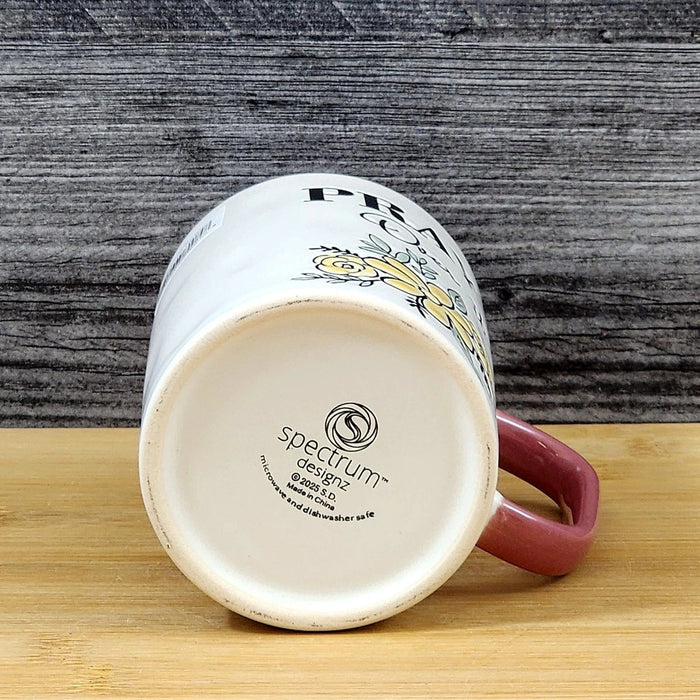 Religious Pray Coffee Mug Floral Yellow White Pink Embossed 18 oz Cup Blue Sky