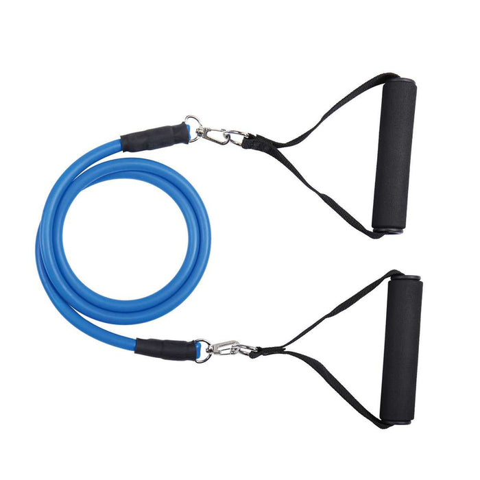 Set of multicolored resistance bands with metal clips and handles, including a black carrying bag for portable home workouts.