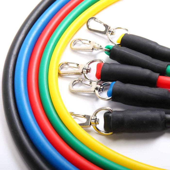 Colorful resistance bands set with black handles and metal clips, ideal for home workouts, strength training, and fitness routines