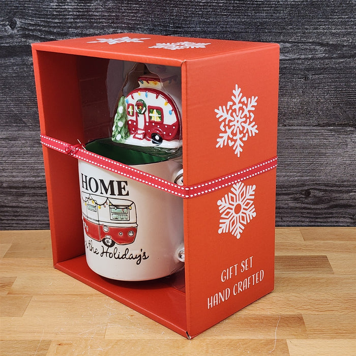 Retro Christmas Camper Mug & Matching Ornament Set Holiday & Gift Box Blue Sky