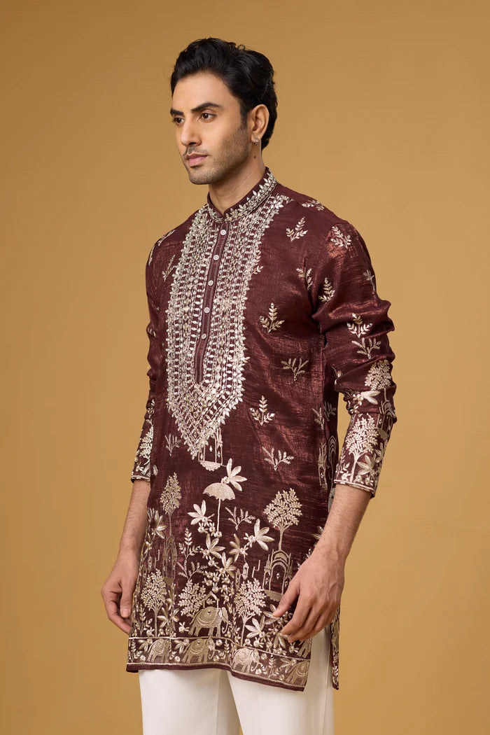 Burgundy Botanical Hem Kurta for Men – Wedding Ethnic Wear | Mahavir NX
