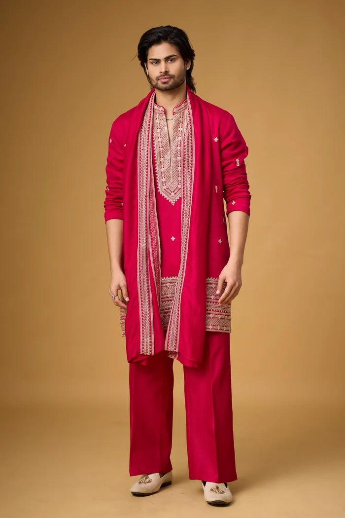 Sangeet Outfit for Men – Fuchsia Embroidered Kurta with Stole | Mahavir NX