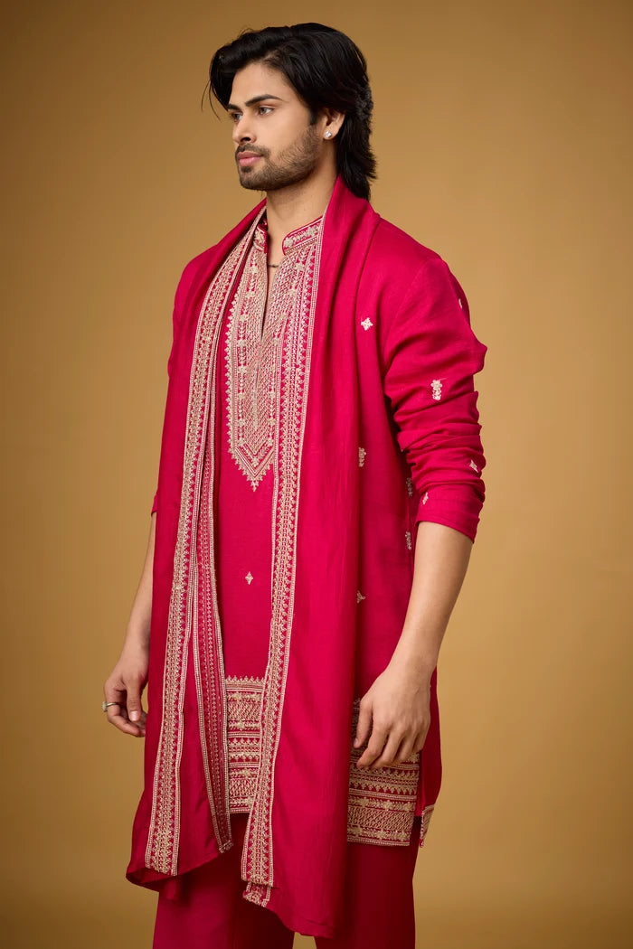 Fuchsia Geometric Embroidered Kurta Set – Wedding Ethnic Wear | Mahavir NX