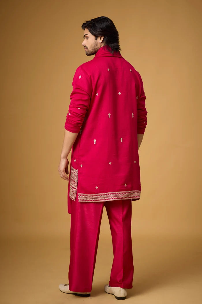 Royal Fuchsia Kurta Pajama Set with Stole – Front View | Mahavir NX