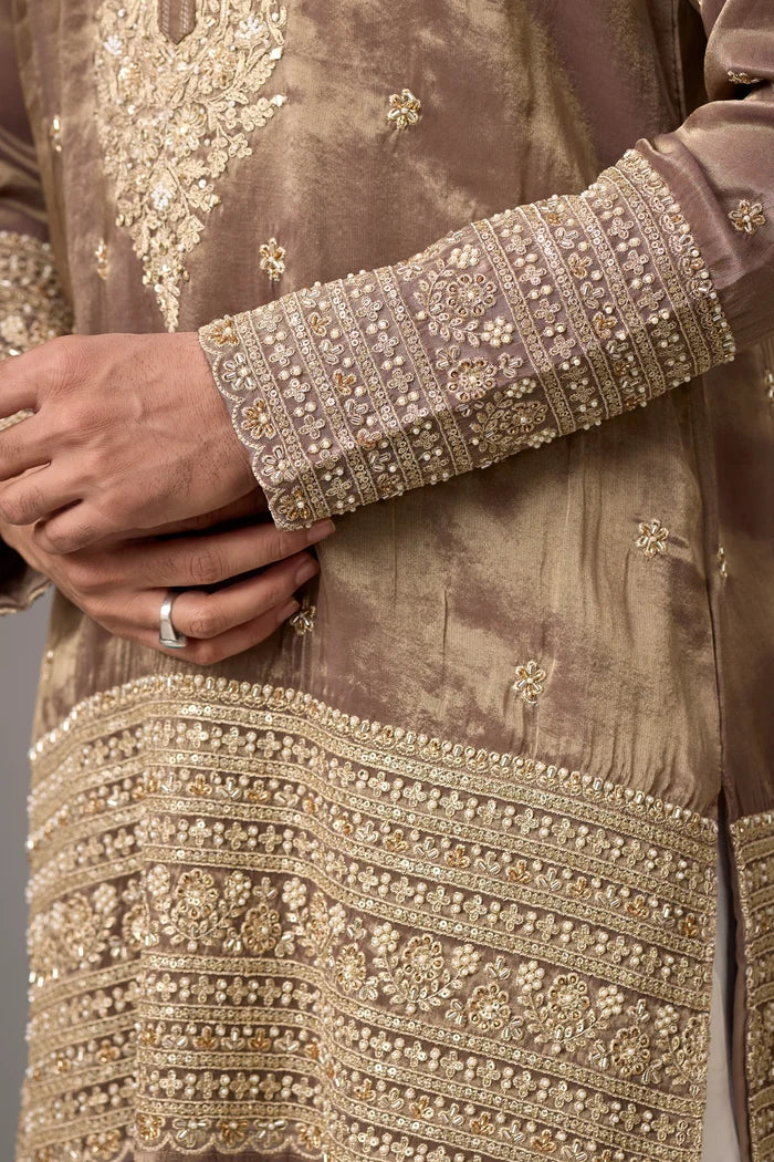 Royal Mocha Gold Embroidered Kurta Set for Men – Full Length View | Mahavir NX