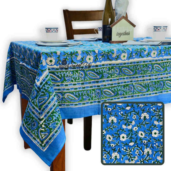 Royal Paisley Floral Cotton Block Print Tablecloth Rectangle, Ocean Blue - Sweet Us