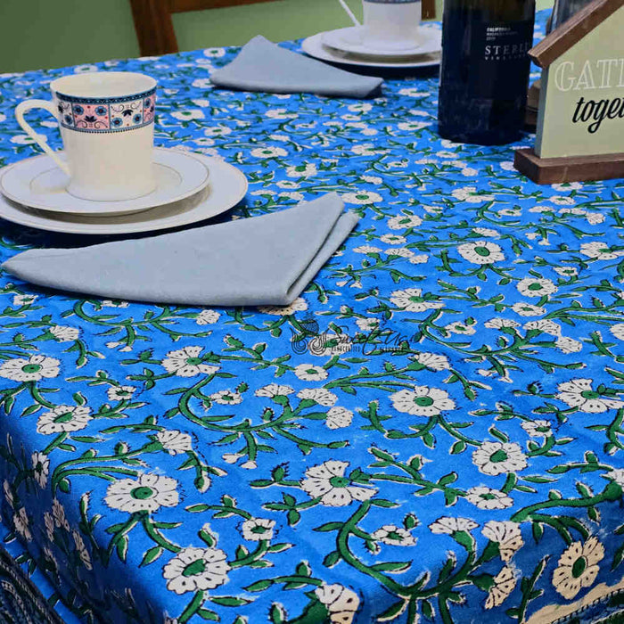 Royal Paisley Floral Cotton Block Print Tablecloth Rectangle, Ocean Blue - Sweet Us