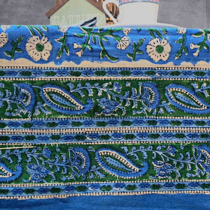 Royal Paisley Floral Cotton Block Print Tablecloth Rectangle, Ocean Blue - Sweet Us