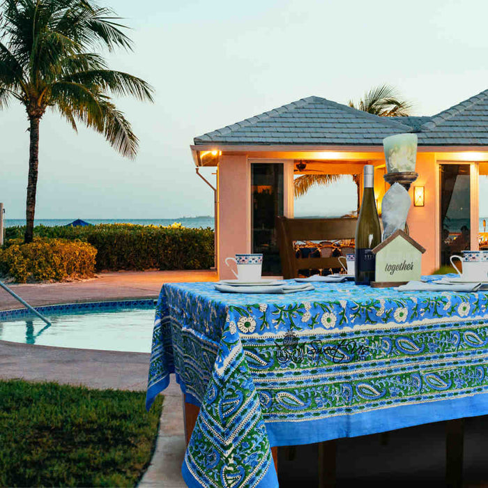 Royal Paisley Floral Cotton Block Print Tablecloth Rectangle, Ocean Blue - Sweet Us