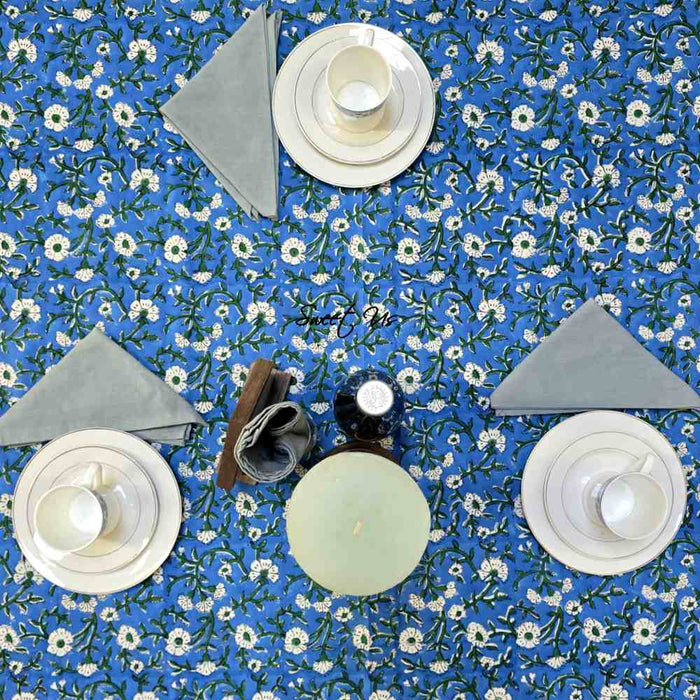 Royal Paisley Floral Cotton Block Print Tablecloth Rectangle, Ocean Blue - Sweet Us