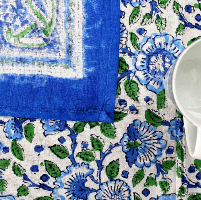 Royal Paisley Floral Cotton Block Print Tablecloth Rectangle, Seaglass Symphony - Sweet Us
