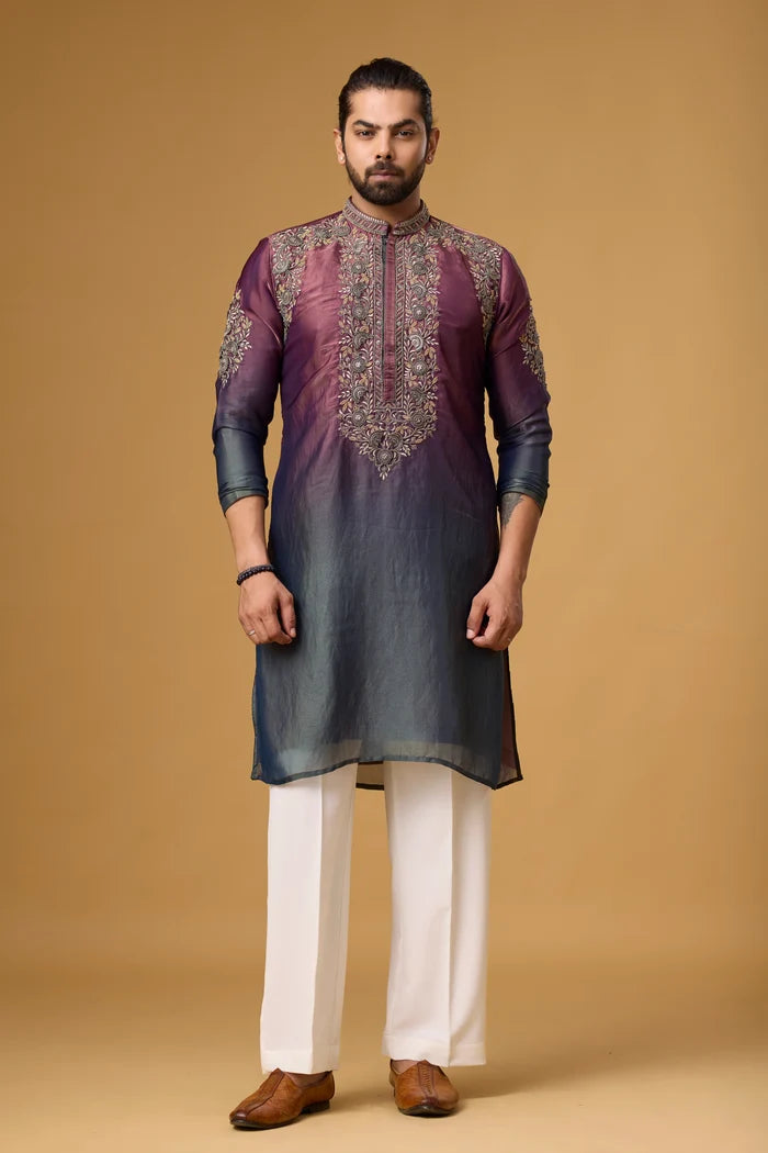 Royal Plum Ombre Embroidered Kurta Set for Men | Mahavir NX