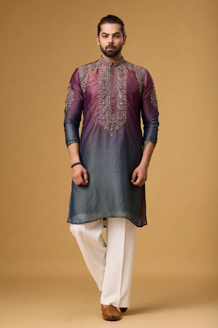 Gradient Ombre Plum Kurta for Men – Wedding Ethnic Wear | Mahavir NX