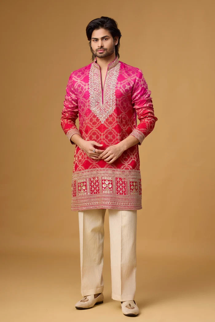 Luxury Pink Brocade Kurta Pajama Set for Men | Mahavir NX