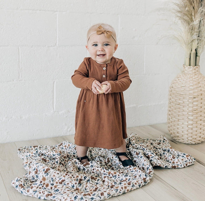 Rust Long Sleeve Button Ribbed Organic Cotton Dress