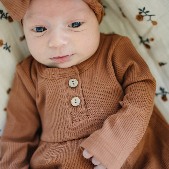 Rust Long Sleeve Button Ribbed Organic Cotton Dress