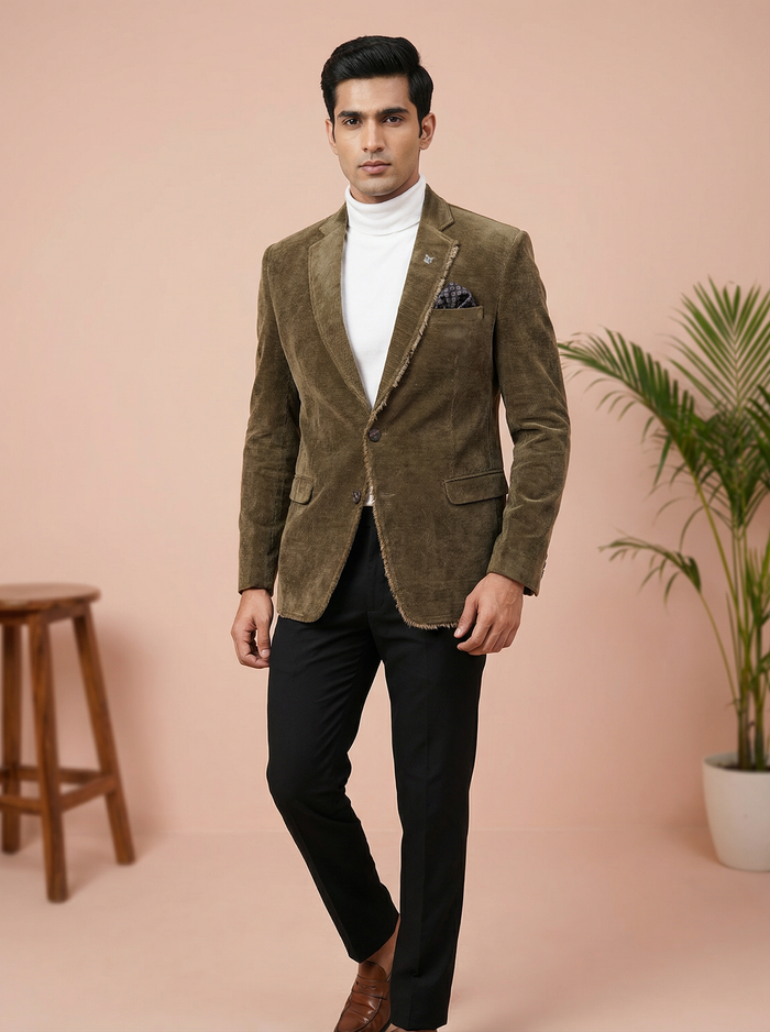 Olive Textured Smart Casual Blazer for Men – Side View | Mahavir NX