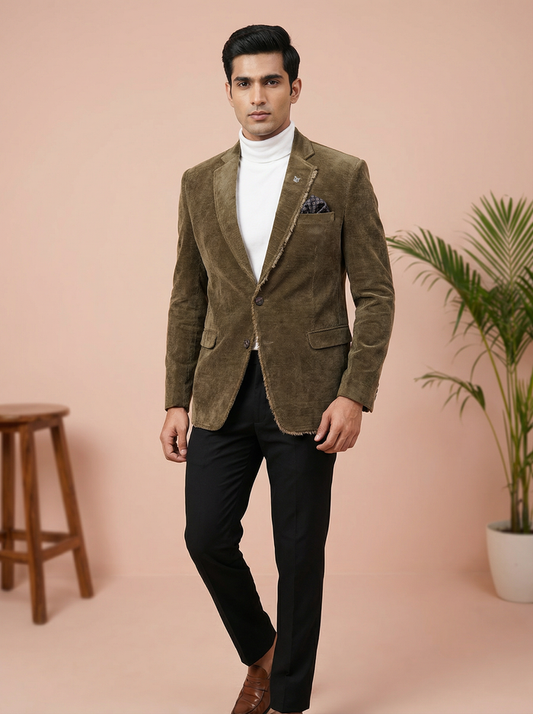 Olive Textured Smart Casual Blazer for Men – Side View | Mahavir NX
