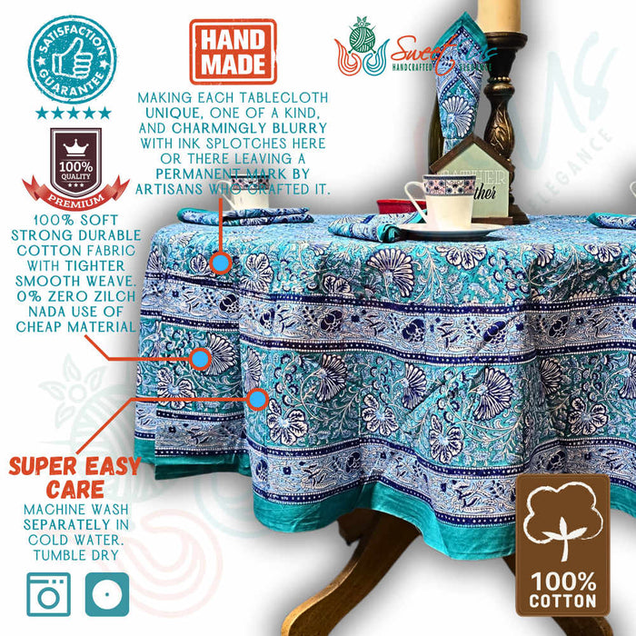 Samudra Flora Series Block Print Round Tablecloth