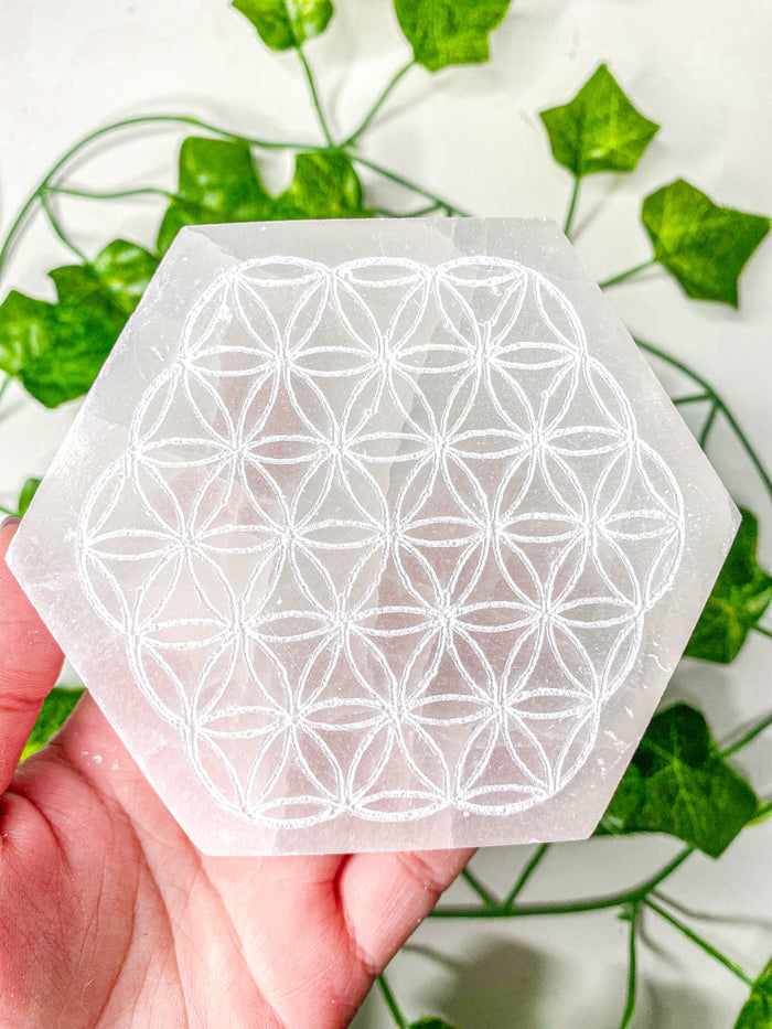 Satin Spar Selenite Hexagon Charging Plate