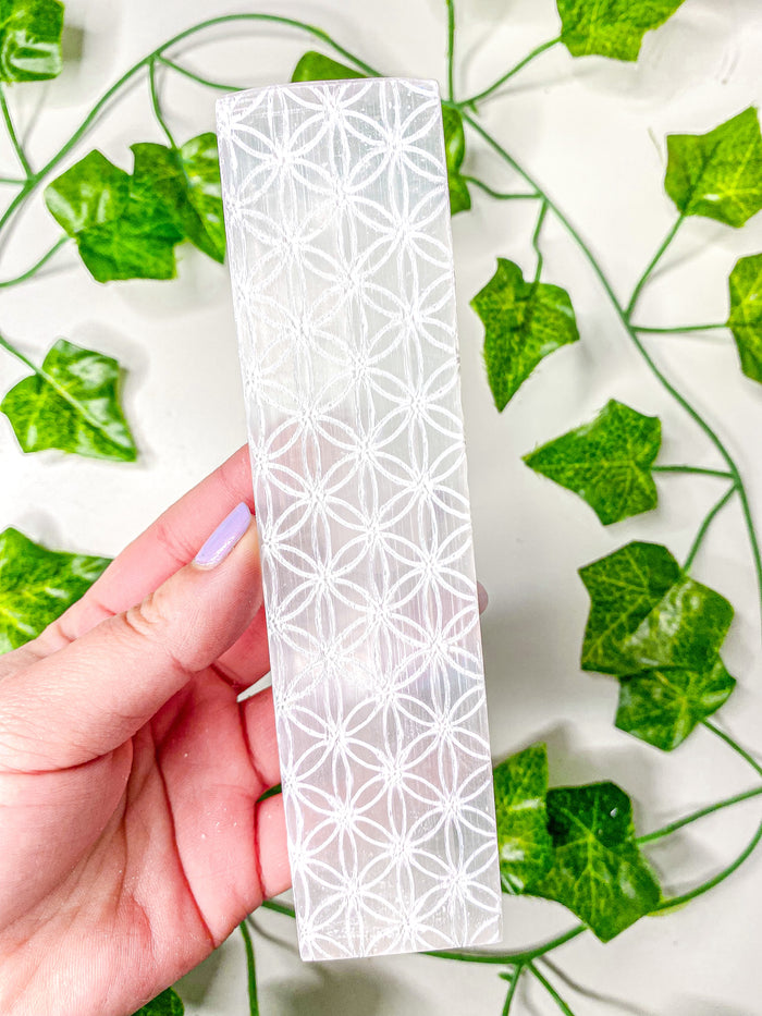 Satin Spar Selenite Rectangle Flower of Life Charging Plate