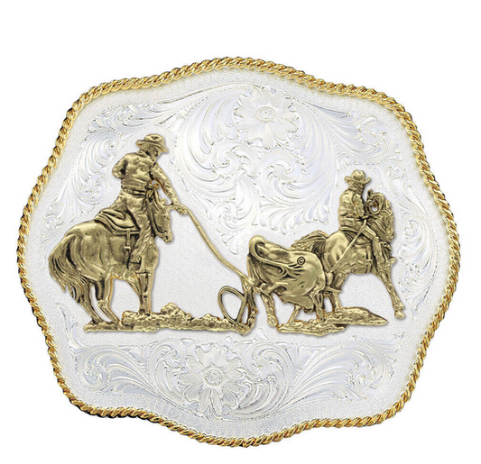 Scalloped Western Belt Buckle with Team Ropers