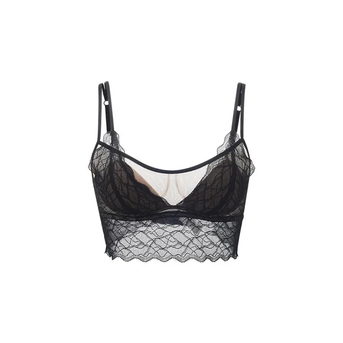 Black lace bra only — wire-free sheer mesh silk lining adjustable straps women UK