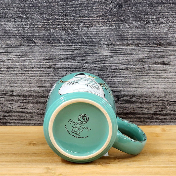 Snowman Christmas Coffee Mug Winter Holiday Cup Green 18oz Ceramic Blue Sky