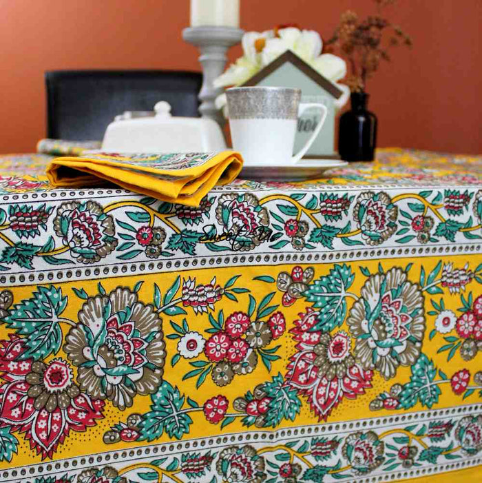 Floraison de Luxe Cotton French Country Floral Tablecloth, Golden Garden - Sweet Us