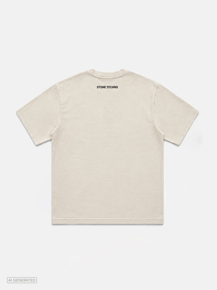 Rückansicht eines beigen T-Shirts mit minimalistischem Design. Im oberen Rückenbereich befindet sich der schwarze Schriftzug „STONE TECHNO“. Produktdarstellung vor hellgrauem Hintergrund.