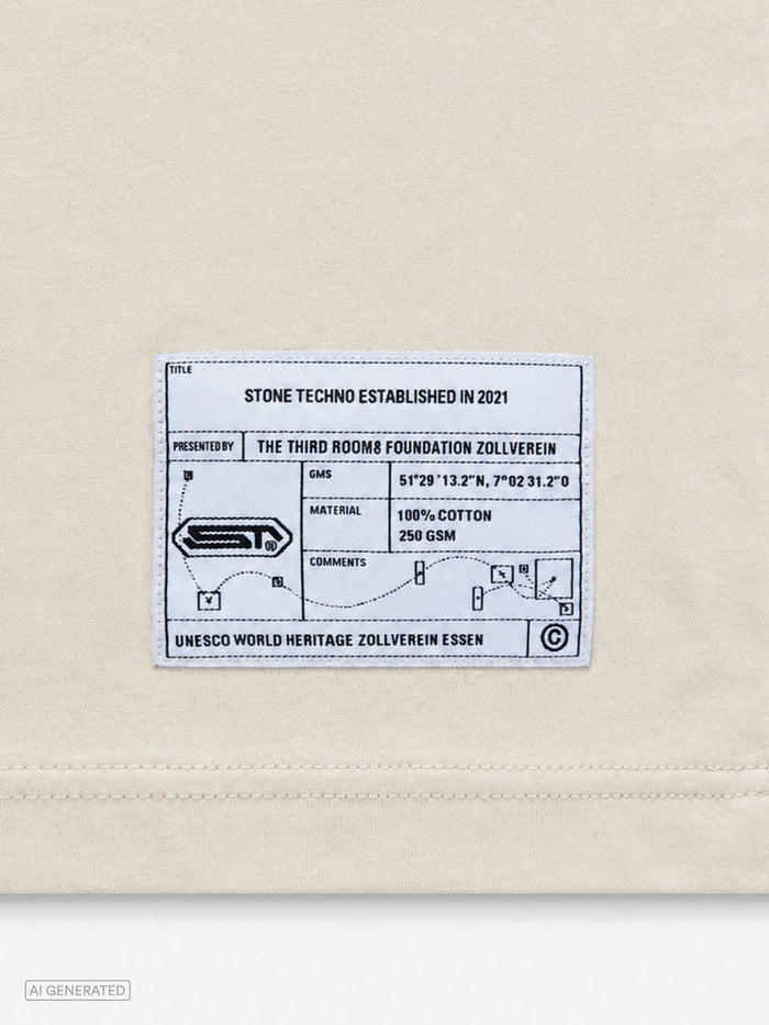 Detailaufnahme des aufgenähten Labels am unteren Saum des beigen T-Shirts. Das weiße Patch zeigt technische Grafikelemente, Produktinformationen, Materialangaben sowie den Hinweis auf das UNESCO-Welterbe Zollverein in Essen.