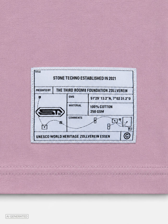 Detailaufnahme des weißen Labels am unteren Saum des rosa T-Shirts. Das Patch zeigt technische Illustrationen, Produktdaten, Materialinformationen sowie den Verweis auf das UNESCO-Welterbe Zollverein in Essen.
