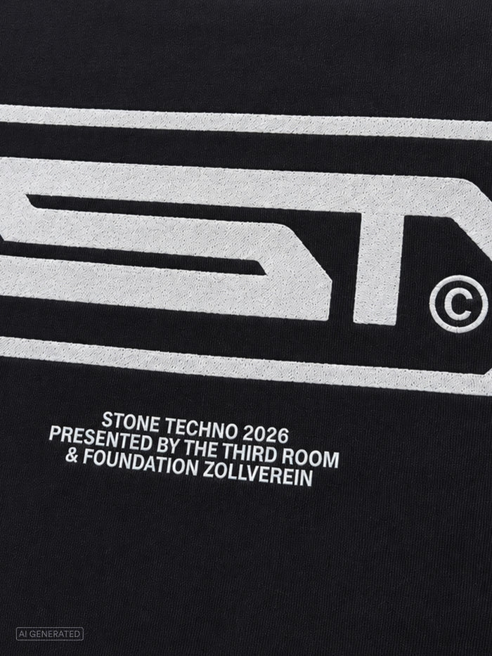 Nahaufnahme des weißen Stone-Techno-Logos auf schwarzem Stoff. Unterhalb des Logos befindet sich der weiße Schriftzug „STONE TECHNO 2026 PRESENTED BY THE THIRD ROOM & FOUNDATION ZOLLVEREIN“.