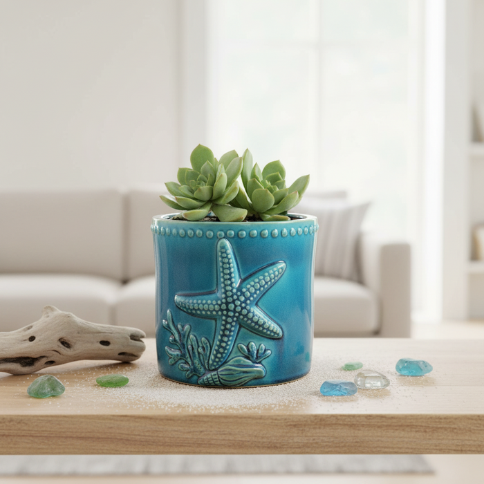 Star Fish Shells Planter Ceramic Utensil Organizer Herb Succulent Blue Sky 6.5in