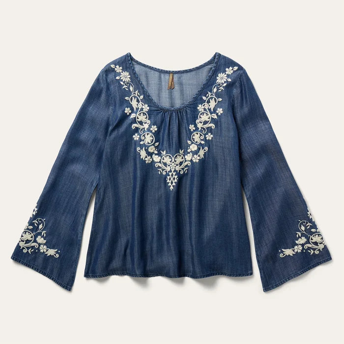 Stetson Women's Floral Embroidered Denim Peasant Blouse in Dark Blue