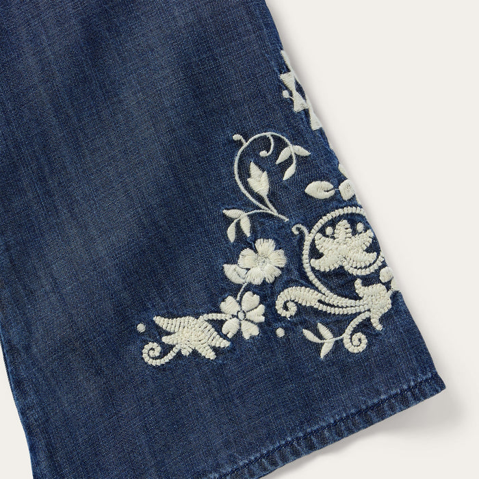 Stetson Women's Floral Embroidered Denim Peasant Blouse in Dark Blue