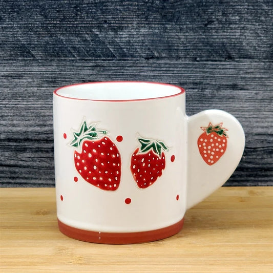 Strawberry Bliss Coffee Mug Ceramic Tea Cup Blue Sky Embossed Botanical 18oz