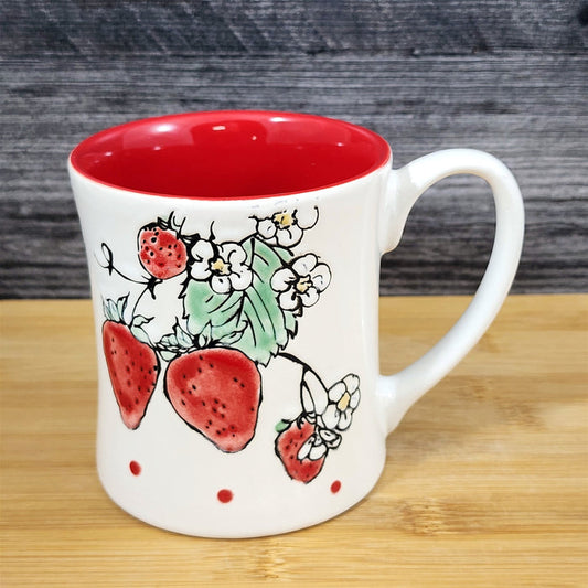 Strawberry Coffee Mug Ceramic Fruit Art 18oz Tea Cup Embossed Botanical Blue Sky